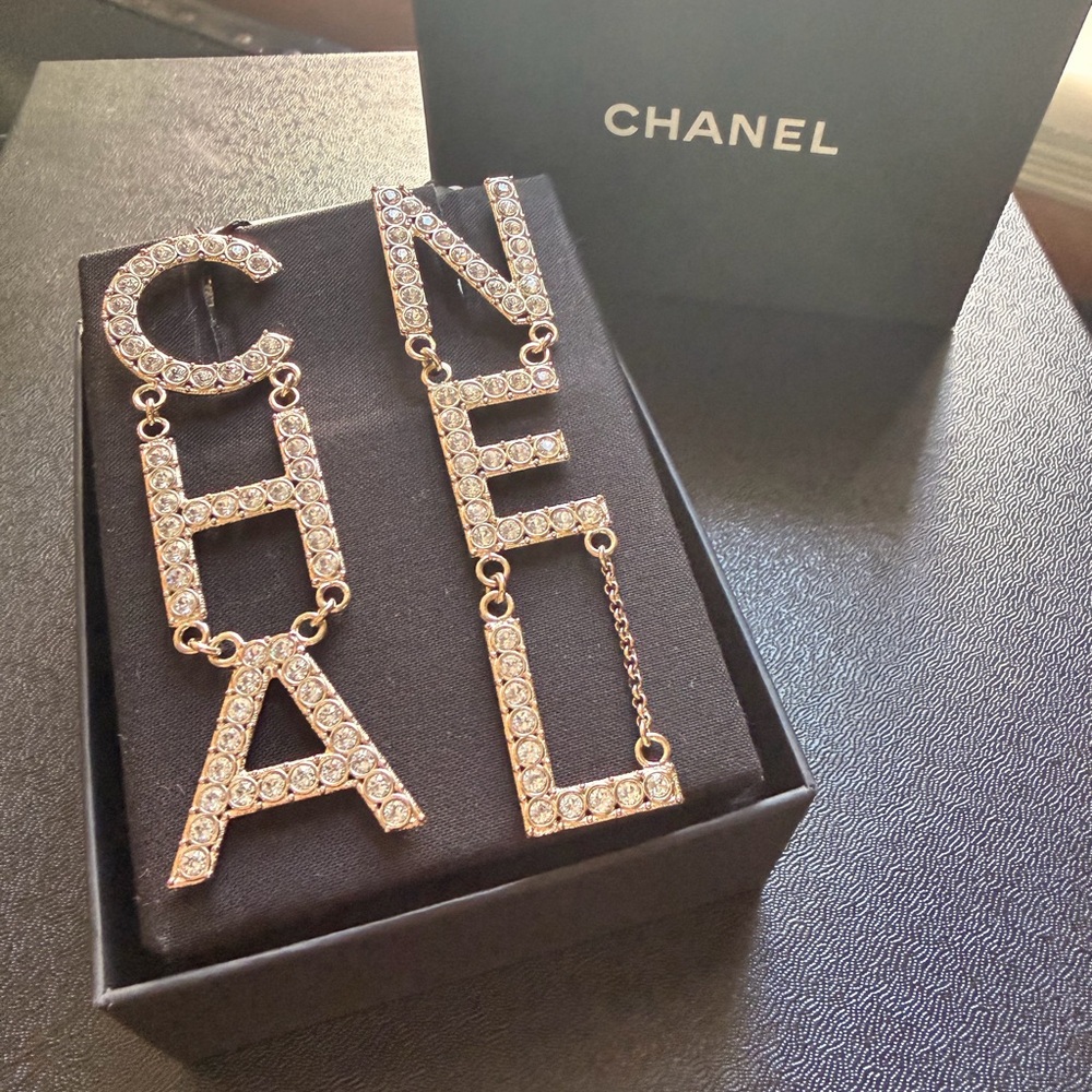 CHANEL Gold Crystal Letter Earrings